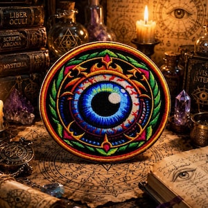 Puede incluir: Un parche bordado circular que presenta un iris azul detallado y una pupila negra en el centro, rodeado por anillos concéntricos de patrones vibrantes en verde, amarillo, naranja y rojo, sobre un fondo oscuro con costuras intrincadas.