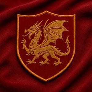 May include: Embroidered patch featuring a golden dragon on a red shield. The dragon has detailed wings and a long tail, set against a textured red background. The patch has a gold border.