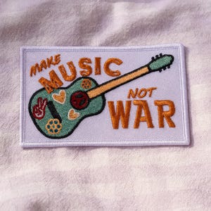 Make Music Not War Patch Guitar Iron-On Sew-On Applique for Jackets Backpacks Bags, Music Festival Gear, Retro Hippie Boho Vibes