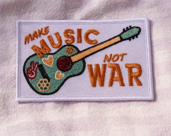 Make Music Not War Patch Guitar Iron-On Sew-On Applique for Jackets Backpacks Bags, Music Festival Gear, Retro Hippie Boho Vibes