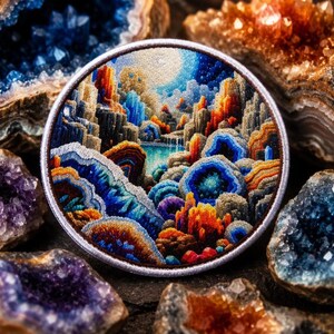 May include: A circular embroidered patch featuring a vibrant landscape of crystalline rock formations in shades of blue, orange, and gold. The design depicts jagged cliffs and textured mineral layers surrounding a central pool of water.
