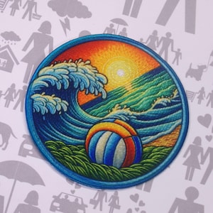 Ocean Wave Patch Iron-On Sew-On Beach Volleyball Badge Applique for Clothing Backpacks Tote Bags, Tropical Vibes, Travel Souvenir, Vacation