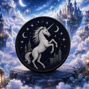 May include: A circular embroidered patch featuring a white unicorn rearing on its hind legs against a dark navy blue background. The design includes a crescent moon, several four-pointed stars, and the silhouette of a castle at the base.