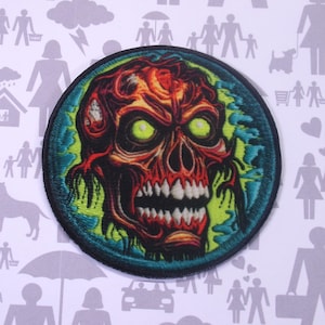 Undead Skull Patch Iron On Sew On Applique for Jackets Vests Backpacks, Zombie Horror Badge, Glowing Eyes, Melting Head, Halloween Costume