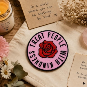 Treat People With Kindness Patch/Red Rose/Iron-On Patch/Boho Vibes/Positive Gift/Sew-On Applique for Clothing Vest/Jacket Hats Backpack