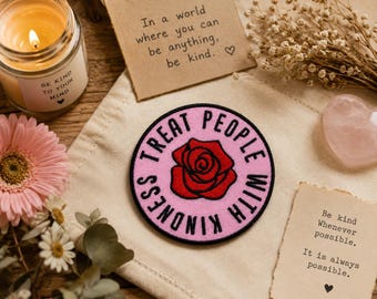 Treat People With Kindness Patch/Red Rose/Iron-On Patch/Boho Vibes/Positive Gift/Sew-On Applique for Clothing Vest/Jacket Hats Backpack