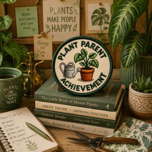 May include: A round embroidered patch with the text "PLANT PARENT ACHIEVEMENT" surrounds a potted plant and watering can. The patch sits atop a stack of green books about plants, with a coffee mug and notepad nearby. The theme is gardening.