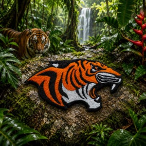 Puede incluir: Parche de tigre bordado con rayas naranjas y negras, detalles blancos y una expresión feroz. Sobre un exuberante fondo de selva con una cascada y un tigre real al fondo. Un artículo decorativo.