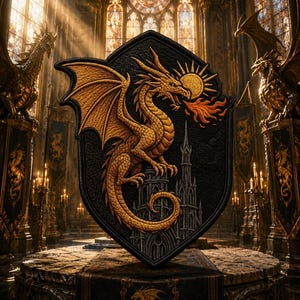 May include: A shield-shaped embroidered patch featuring a golden dragon perched atop a dark grey gothic castle tower. The dragon is depicted with wings spread, breathing orange flames toward a golden sun. The background is a solid black fabric.
