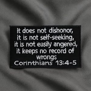 Parche de Corintios 13:4-5, parche con versículo bíblico, parche termoadhesivo, aplique para coser en chaquetas, ropa, versículos bíblicos y regalos cristianos.