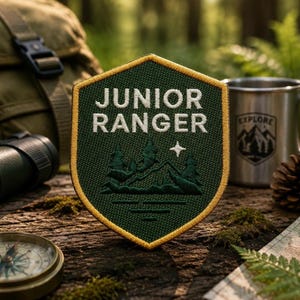Może przedstawiać: Naszywka w kształcie tarczy z ciemnozielonym tłem i złotą obwódką. Napis JUNIOR RANGER jest wyhaftowany białą nicią nad ciemnozieloną grafiką przedstawiającą góry, drzewa iglaste oraz małą, czteroramienną białą gwiazdkę.