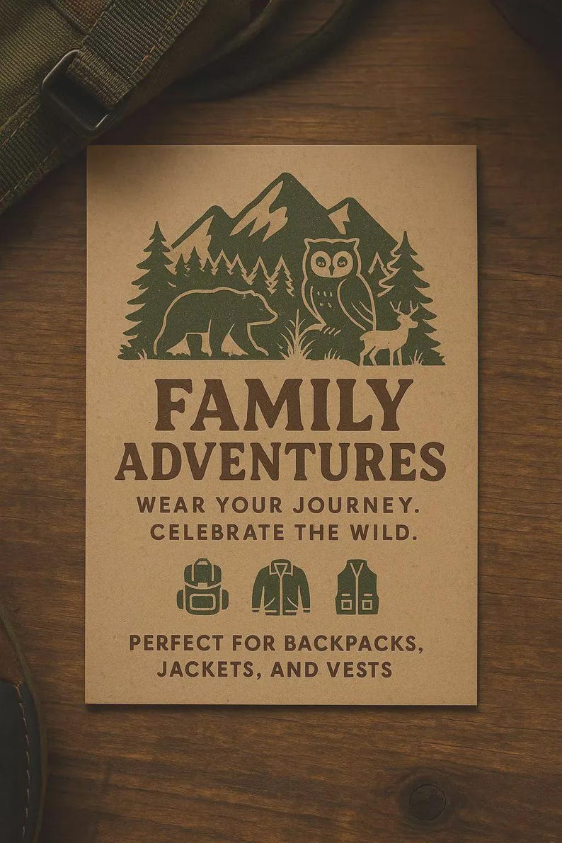 Pode incluir: Um cart&atilde;o retangular bege com um gr&aacute;fico verde-escuro de montanhas, um urso, uma coruja e um veado. O texto diz: FAMILY ADVENTURES, WEAR YOUR JOURNEY. CELEBRATE THE WILD. &Iacute;cones de mochila, jaqueta e colete precedem: PERFECT FOR BACKPACKS, JACKETS, AND VESTS.