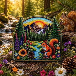 May include: A rectangular embroidered patch featuring a vibrant landscape with a central squirrel, a flowing blue stream, colorful wildflowers, pine trees, and a mountain range under a bright sun, all rendered in detailed, multi-colored thread.