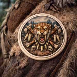 Könnte beinhalten: Ein detailliertes, rundes Emblem mit einem knurrenden Säbelzahntiger, gekreuzten Äxten und Federn. Das Emblem ist von einem hellen Rand umgeben und enthält Schädel. Der Hintergrund zeigt eine Waldszene.