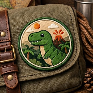 Könnte beinhalten: Olivgrüne Canvas-Tasche mit braunem Lederriemen und rundem Aufnäher. Der Aufnäher zeigt einen Cartoon-Dinosaurier, einen Vulkan, Palmen, Sonne und Wolken. Die Tasche hat eine Schnalle.
