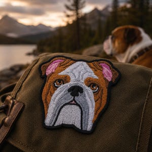 May include: An embroidered patch featuring the head of a bulldog with brown, white, and grey fur, pink inner ears, and brown eyes. The patch is stitched onto a dark olive green canvas fabric surface with a visible leather strap detail on the left side.