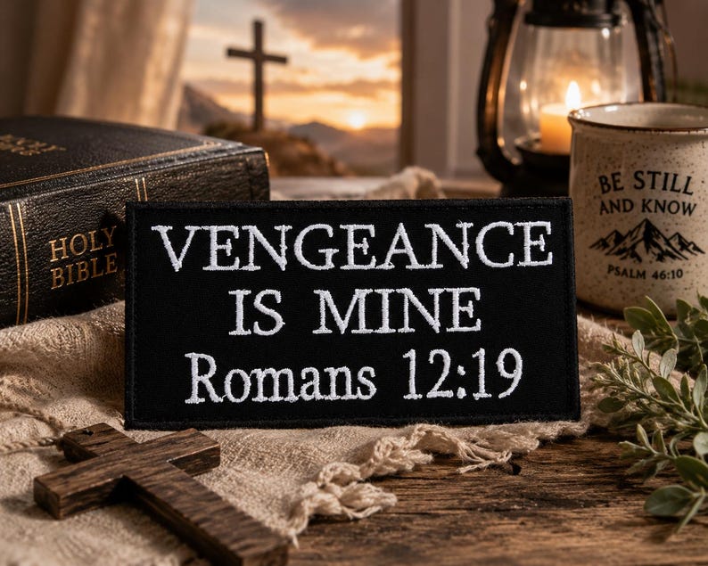 Op de afbeelding: Een zwart embleem met witte geborduurde tekst die luidt: "VENGEANCE IS MINE Romeinen 12:19." Een houten kruis, een Bijbel en een mok met de tekst "BE STILL AND KNOW" zijn ook zichtbaar.