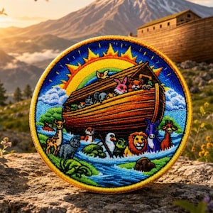 May include: A circular embroidered patch featuring a wooden ark filled with various animals, including a lion, giraffe, and rabbit. The design includes a bright yellow sun, a rainbow, and blue water, all bordered by a thick yellow stitched edge.
