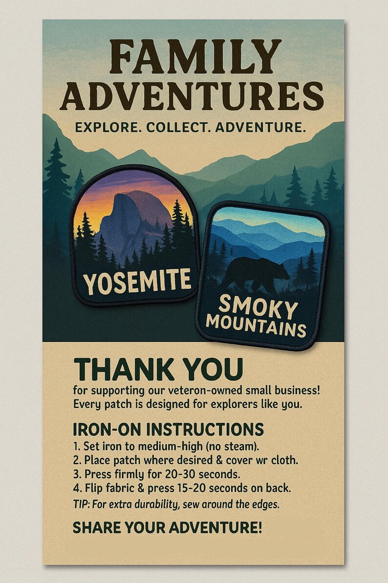 May include: Two embroidered patches featuring outdoor scenes. One patch depicts Yosemite with a sunset over mountains, the other shows a bear in the Smoky Mountains. The card includes text: FAMILY ADVENTURES, EXPLORE. COLLECT. ADVENTURE., THANK YOU, and IRON-ON INSTRUCTIONS.