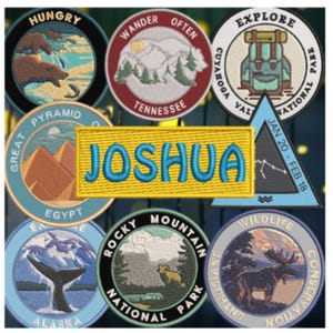 May include: A collection of embroidered patches with various designs. The patches include text such as "Hungry", "Wander Often Tennessee", "Explore Cuyahoga Valley National Park", "Great Pyramid Egypt", "Rocky Mountain National Park", and "Wildlife Enthusiast Conservation". A yellow patch reads "Joshua".