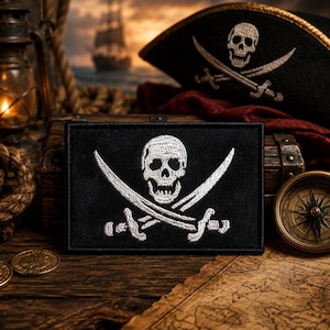 Pirate Flag Skull Logo Patch/Iron-On Patch/Ship Flag Nautical Badge/Myths & Legends/Sew-On Applique for Clothing Vest/Jacket Hats Backpack