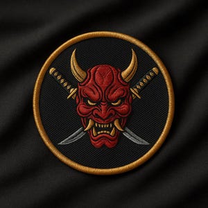 Oni Samurai-märke | Japansk demonmask och katana-märke att stryka på eller sy på | Krigaranda-applikation för jackor och väskor