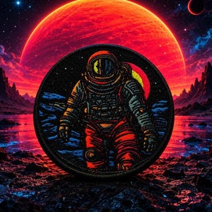 Könnte beinhalten: Ein kreisförmiger bestickter Aufnäher, der einen Astronauten in einem Raumanzug mit roten und blauen Details zeigt. Der Astronaut steht auf einer dunklen, felsigen Oberfläche vor einem großen, leuchtend roten Planeten, einem Sternenhimmel und Horizont.