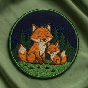 May include: Embroidered patch with two cartoon foxes. The larger fox sits beside a smaller one, both with orange fur and cream-coloured bellies. The patch has a dark blue background with green trees and a green border.