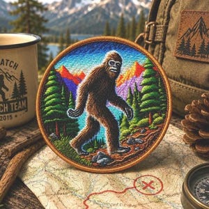 May include: A circular embroidered patch featuring a brown Bigfoot walking through a forest with green pine trees and colorful mountains in the background. The patch has a thick tan border and displays detailed stitching of the creature and landscape.