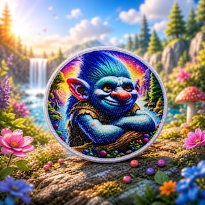 May include: A round patch featuring a blue troll with a rainbow-colored mohawk and a red nose. The troll is smiling with its arms crossed. The patch is surrounded by a white border and set against a colorful, whimsical background with flowers and a waterfall.