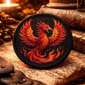 Peut inclure: Un écusson rond noir avec un phénix brodé en rouge et orange. L'oiseau mythique est représenté avec ses ailes déployées et des flammes, sur un fond texturé.