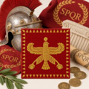 May include: A red and gold embroidered patch featuring a Roman eagle design, surrounded by a gold border. The patch is displayed with a Roman helmet, coins, and other Roman-themed items. The patch is square-shaped.