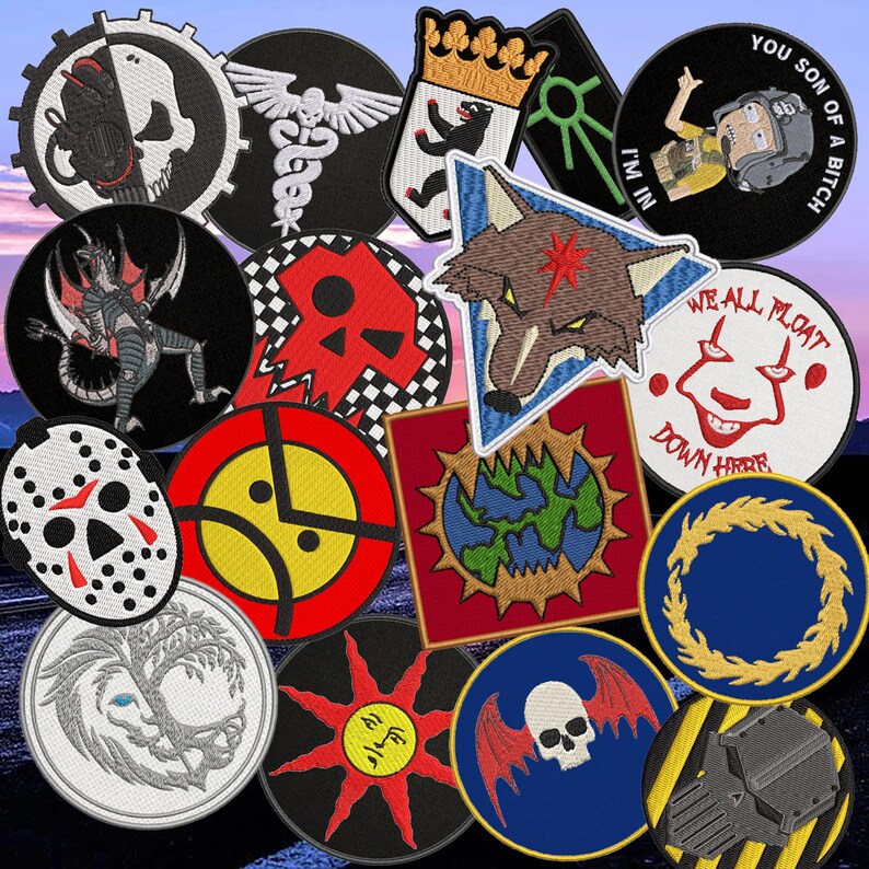 May include: A collection of various embroidered patches featuring diverse designs including skulls, a wolf, a clown face with the text 'WE ALL FLOAT DOWN HERE', a sun, a dragon, a hockey mask, and other graphic symbols in multiple shapes and colors.