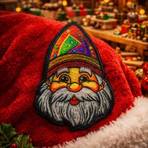 Santa Gnome Patch Iron-On Sew-On Festive Holiday Applique for Jacket Vest Backpack Gift Bag, Christmas Flair, Jolly Elf, Merry & Bright