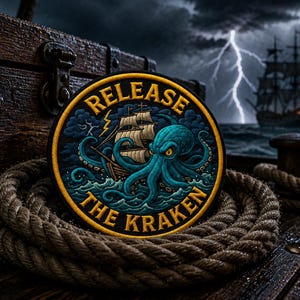 Puede incluir: Un parche redondo con la frase "RELEASE THE KRAKEN" en letras doradas. El diseño muestra un pulpo azul atacando un barco en un mar tormentoso. El parche tiene un borde dorado y está colocado sobre una bobina de cuerda.