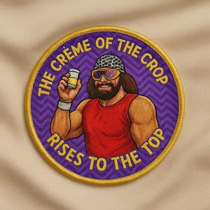 Könnte beinhalten: Gestickter Aufnäher mit einer Cartoon-Illustration eines Mannes mit Sonnenbrille und Bart, der einen kleinen Behälter hält. Der Aufnäher hat einen lila Hintergrund mit dem Text "THE CREME OF THE CROP RISES TO THE TOP" in Gelb.