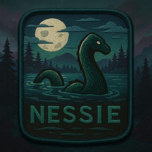 May include: Embroidered patch featuring the Loch Ness Monster, or Nessie, in a lake under a full moon. The design includes dark green trees, water, and the word "NESSIE" in green block letters. The patch has a dark green border.
