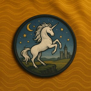May include: Round patch featuring a white unicorn rearing up against a night sky with a crescent moon, stars, and a castle. The patch has a black border and is set against a textured gold background.