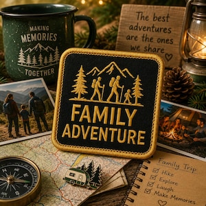 May include: A black and gold embroidered patch with the words "FAMILY ADVENTURE" and a mountain scene. The image includes a green camping mug, a compass, and a wooden sign that reads "The best adventures are the ones we share."
