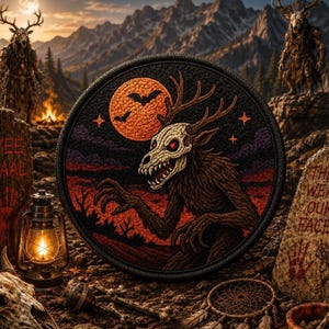 May include: A circular embroidered patch featuring a central creature with a deer skull head, antlers, and fur, set against a dark background with an orange moon and bats. The design includes red, purple, and black threads with intricate stitching.