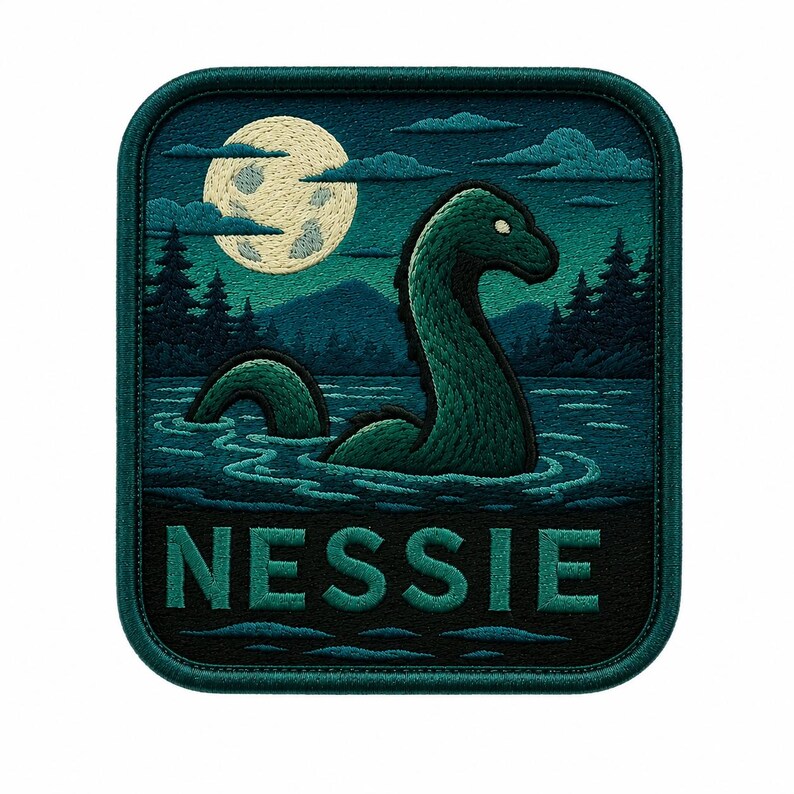 May include: A square embroidered patch featuring a dark green lake scene with a long-necked creature emerging from the water. A large pale moon hangs in the sky above silhouetted pine trees and mountains. The word NESSIE is stitched in teal.