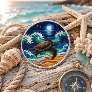 May include: A round embroidered patch featuring a sea turtle swimming in ocean waves under a starry night sky with a full moon. The patch is surrounded by seashells, a starfish, coral, a compass, and rope on a piece of driftwood.