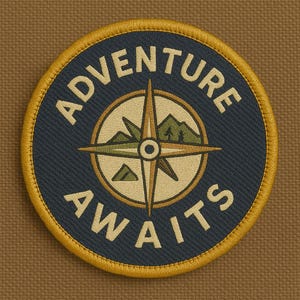 May include: Round embroidered patch with the words "ADVENTURE AWAITS" in cream-colored letters. The patch features a compass design with mountains and trees in the center, set against a navy blue background with a gold border.