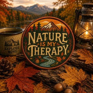 Peut inclure: Un écusson brodé rond avec le texte "NATURE IS MY THERAPY" dans une scène de forêt. Une tasse à café avec "EXPLORE MORE" est à gauche. Des feuilles d'automne, des glands et une lanterne complètent le thème extérieur.