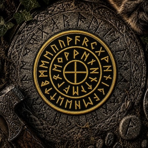 Op de afbeelding: Een cirkelvormige zwarte patch met gouden borduursel met een kruissymbool en het runenalfabet. De patch is geplaatst op een getextureerd, grijs stenen oppervlak met extra runeninscripties en een decoratieve rand. Het thema is de Noorse mythologie.