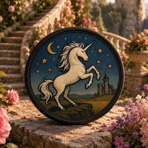 Può includere: Una toppa ricamata circolare raffigurante un unicorno bianco che si impenna su una scogliera. Lo sfondo mostra un cielo notturno blu scuro con una luna crescente gialla e stelle dorate sopra la sagoma di un castello e un paesaggio verde.