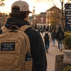 Op de afbeelding: Een persoon draagt een bruine rugzak met de tekst "VENGEANCE IS MINE Romans 12:19" op een patch. De persoon loopt op een pad met andere mensen. Een banner luidt "BE TRANSFORMED BY THE RENEWING OF YOUR MIND ROMANS 12:2".