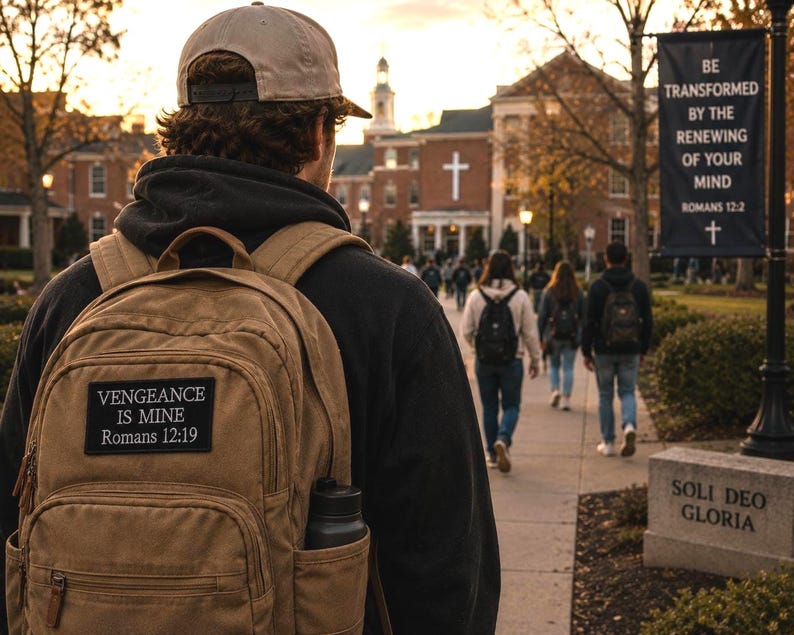 Op de afbeelding: Een persoon draagt een bruine rugzak met de tekst "VENGEANCE IS MINE Romans 12:19" op een patch. De persoon loopt op een pad met andere mensen. Een banner luidt "BE TRANSFORMED BY THE RENEWING OF YOUR MIND ROMANS 12:2".
