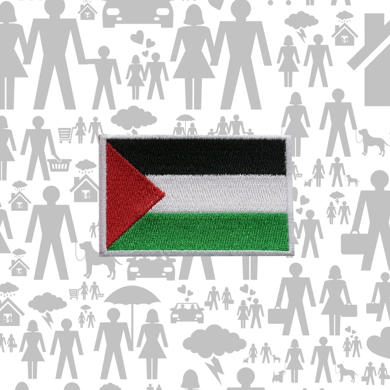 May include: A rectangular embroidered patch featuring the Palestinian flag. The flag is green, white, black, and red with a triangle in the center.