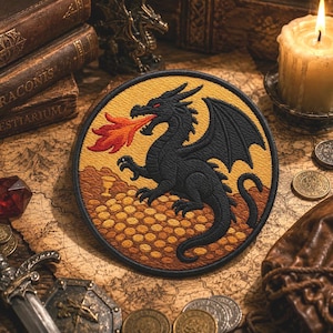 May include: Embroidered patch featuring a black dragon breathing fire, set against a gold and brown background. The dragon is surrounded by gold coins and a treasure chest. The patch is round and detailed.